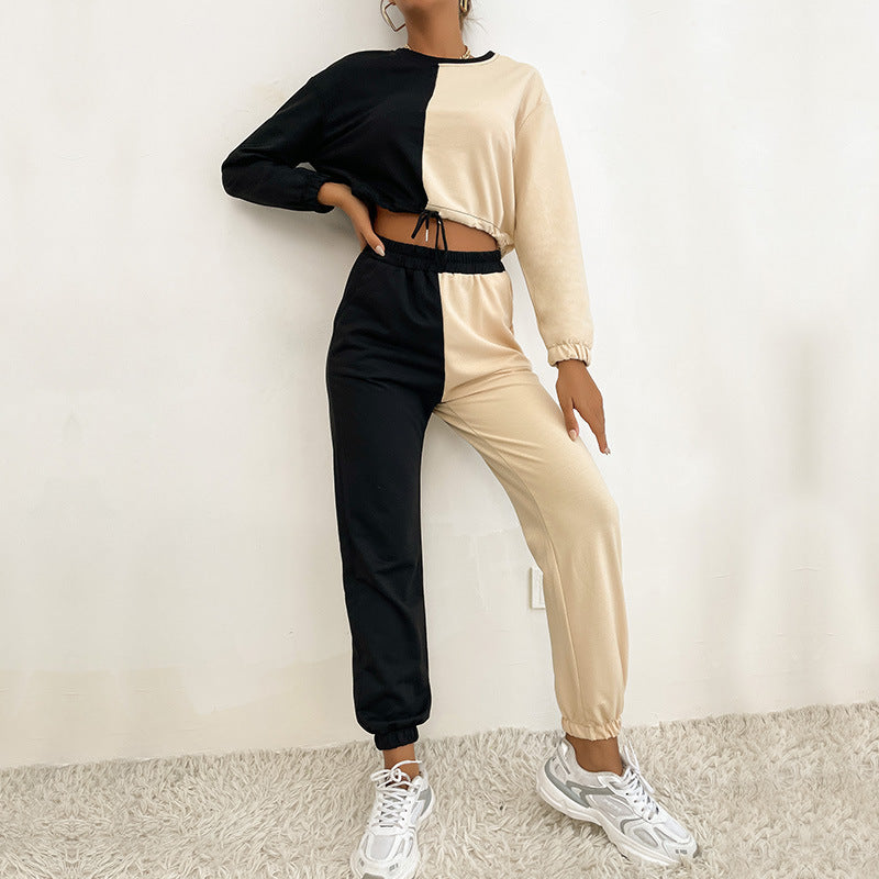 Women's Two-Piece Cropped Lounge Set with Color Block Look, Drawstring and Jogger Mune Fashion