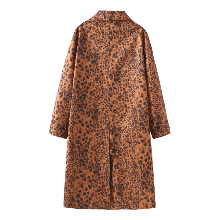 Women's longer satin coat in leopard print with notched collar, concealed button placket, and side pockets Mune Fashion