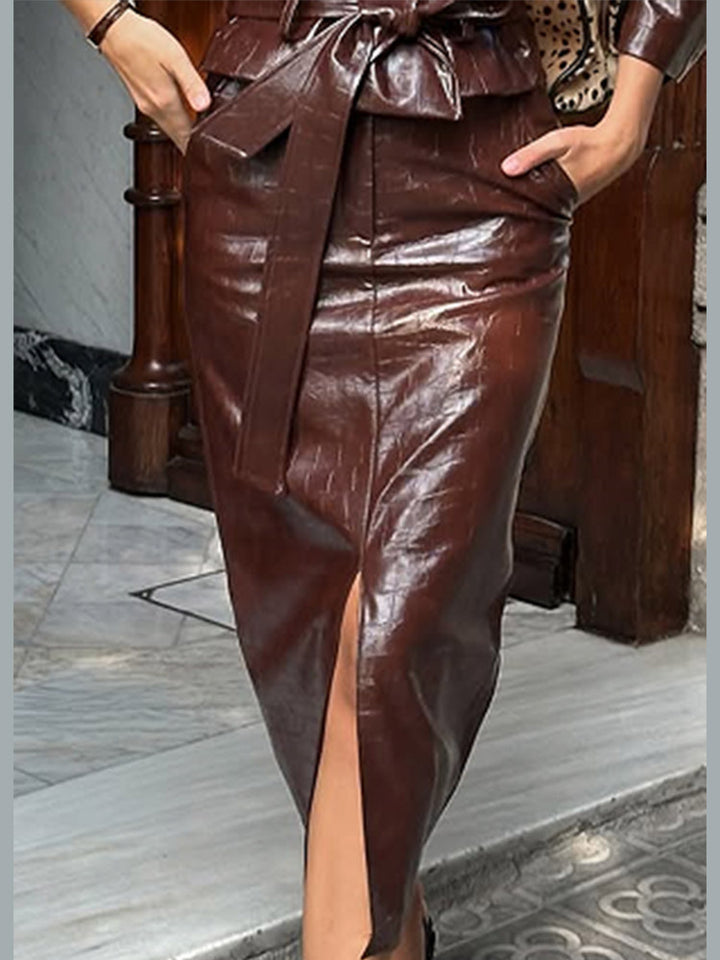 Women's Shiny Crocodile Pattern Trench Coat with Waist Belt and Wide Lapels Mune Fashion