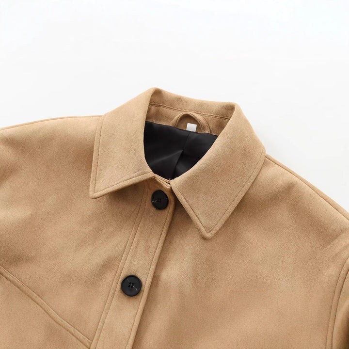 Women Cropped Boxy Transitional Jacket in Velvet Look with Shirt Collar and Patch Pockets Mune Fashion