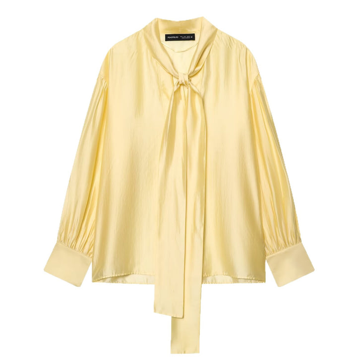 Women's Silky Blouse with Tying Scarf and Balloon Sleeves Mune Fashion