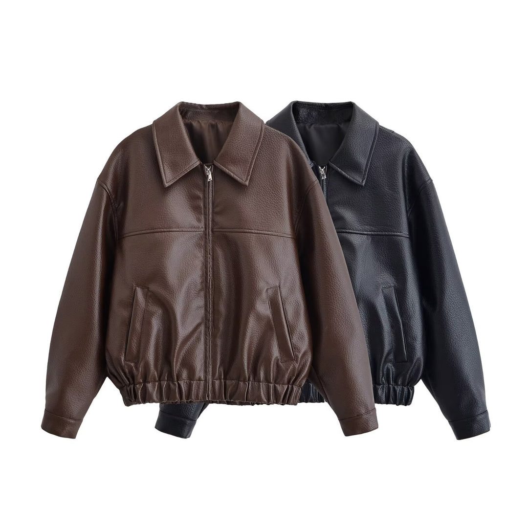 Women Oversized Faux Leather Bomber Jacket with Shirt Collar Zipper and Elastic Hem Mune Fashion
