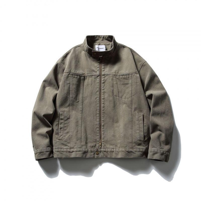 Men's Boxy Canvas Jacket with Stand-Up Collar, Zipper and Seam Panels Mune Fashion