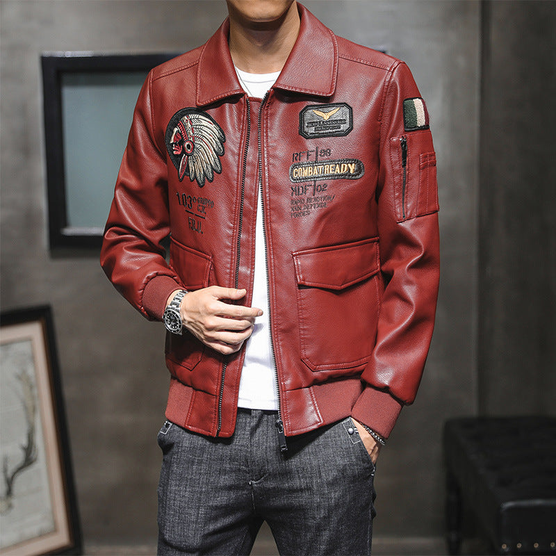 Men's bomber jacket in pilot look made of faux leather with applied patches and multifunctional pockets Mune Fashion