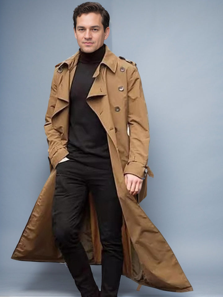 Men's Water-Repellent Long Trench Coat with Double Button Placket, Shoulder Epaulettes, and Adjustable Waist Belt Mune Fashion