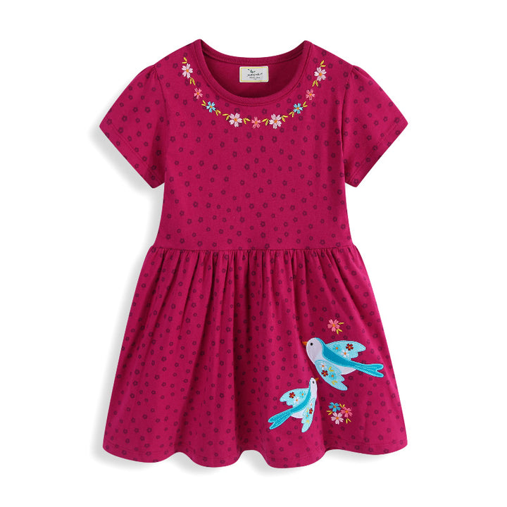 Girls cotton dress with cute bird and flower embroidery Mune Fashion