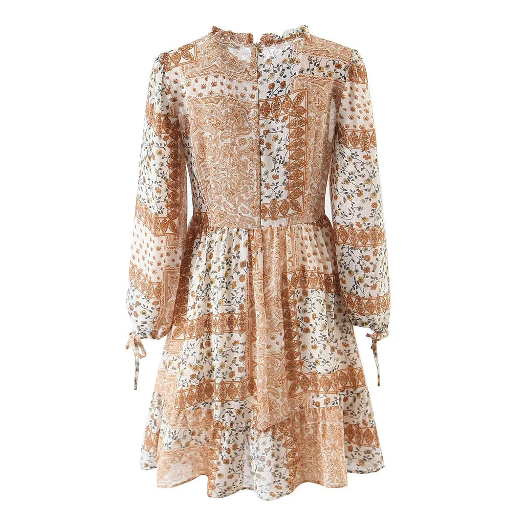 Women's floral Boho midi dress with tiered skirt and ruffled collar Mune Fashion