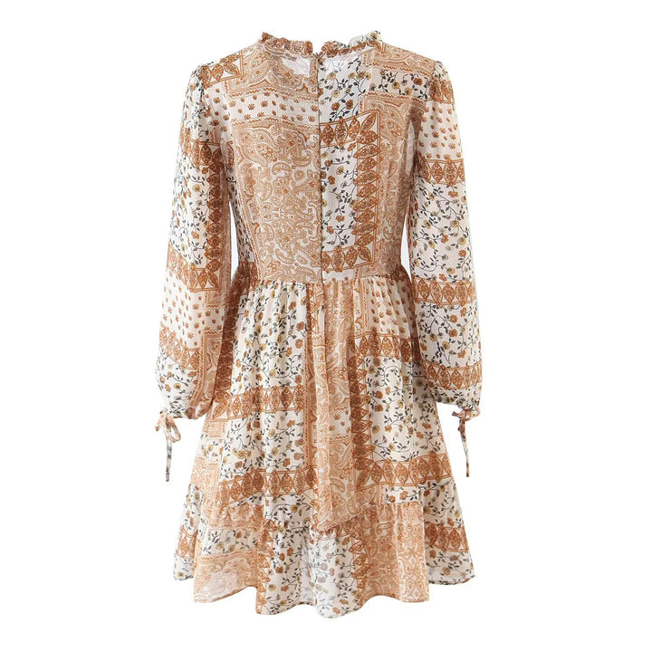 Women's floral Boho midi dress with tiered skirt and ruffled collar Mune Fashion