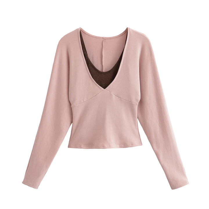 Women's Layered Look Long Sleeve Shirt with Deep V-Neck and Integrated Camisole Mune Fashion
