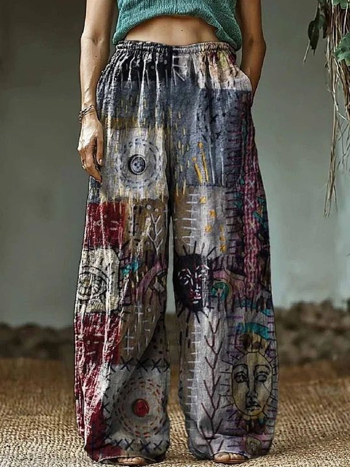 Women's Wide Leisure Pants with Ethnic Patchwork Pattern Mune Fashion