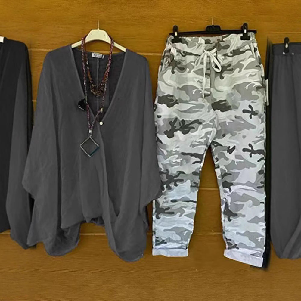Women's two-piece outfit consisting of flowing kimono top and camouflage jogging pants Mune Fashion