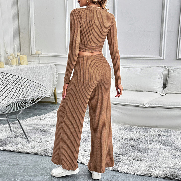 Women's Elegant Knit Set with Wrap Top and Wide Leg Mune Fashion