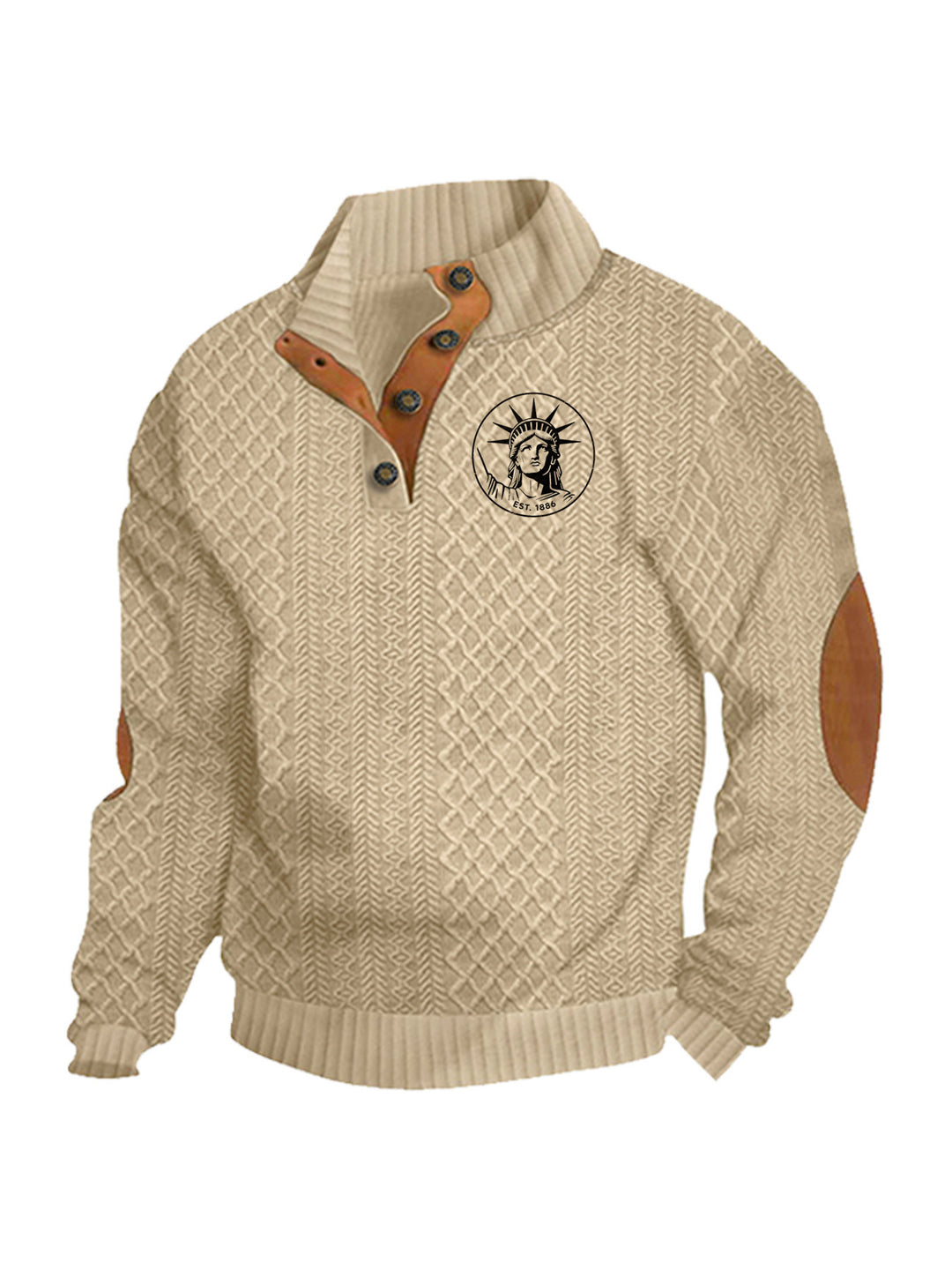 Men's nan Heritage textured pullover with stand-up collar faux leather trim elbow patches and half-button placket Mune Fashion