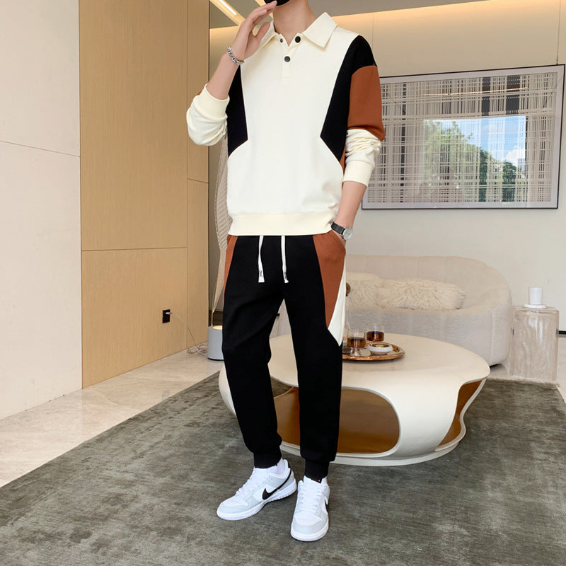 Men's Two-Piece Colorblock Tracksuit with Polo Collar & Tapered Jogging Pants Mune Fashion