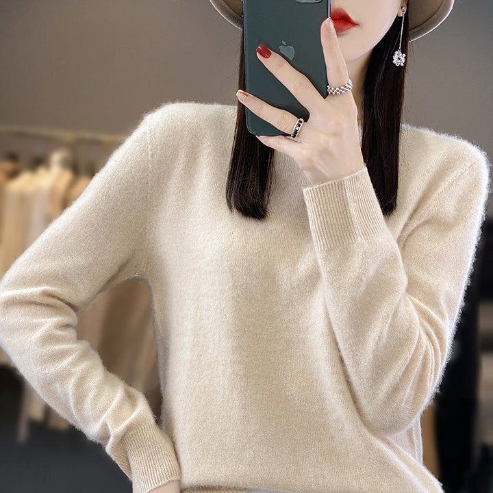 Ladies luxurious fine knit round neck sweater with soft fluffy finish and narrow cuff shape Mune Fashion