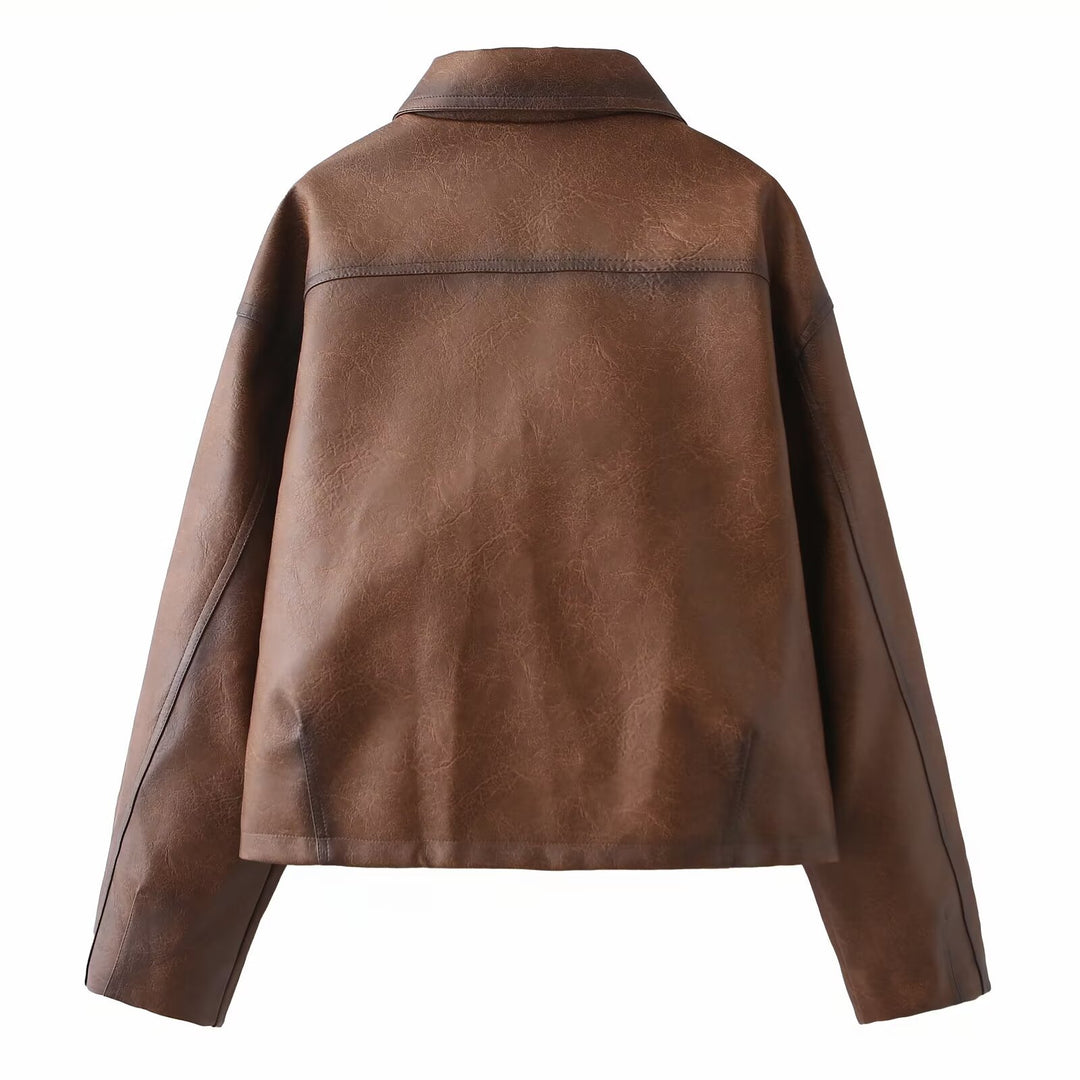 Women's Short Oversized Faux Leather Jacket with Shirt Collar and Flap Pockets Mune Fashion