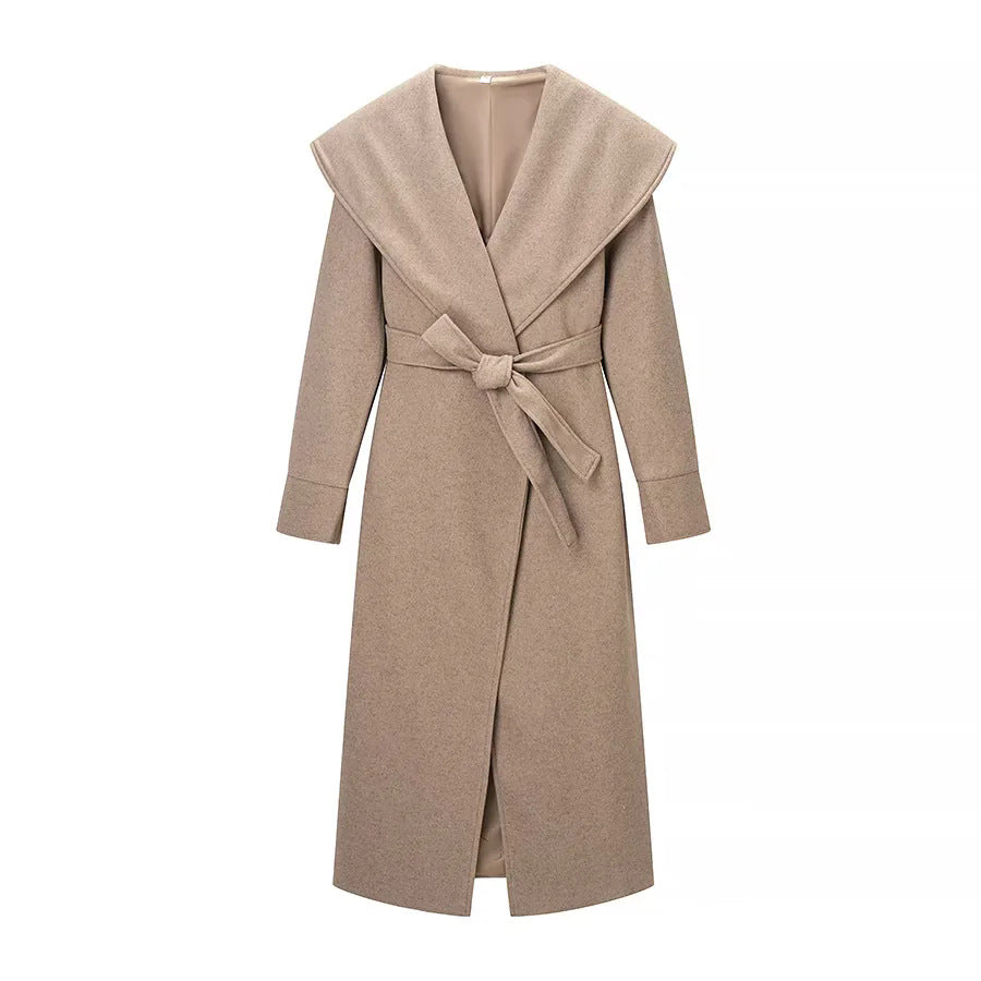 Women's longer wrap absolute coat with voluminous shawl collar and waist belt Mune Fashion