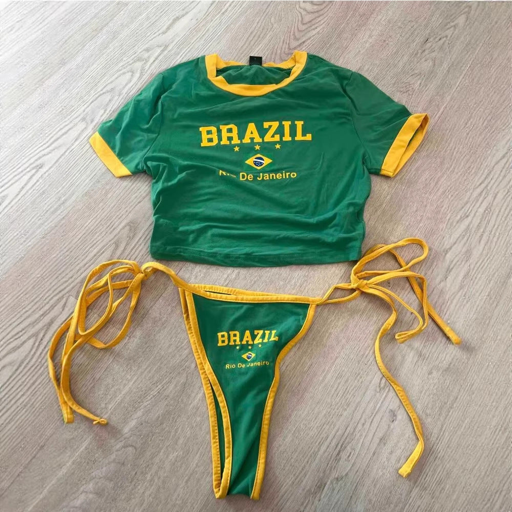Women's set of cropped belly-free T-shirt and adjustable bikini bottom with Brazil print Mune Fashion