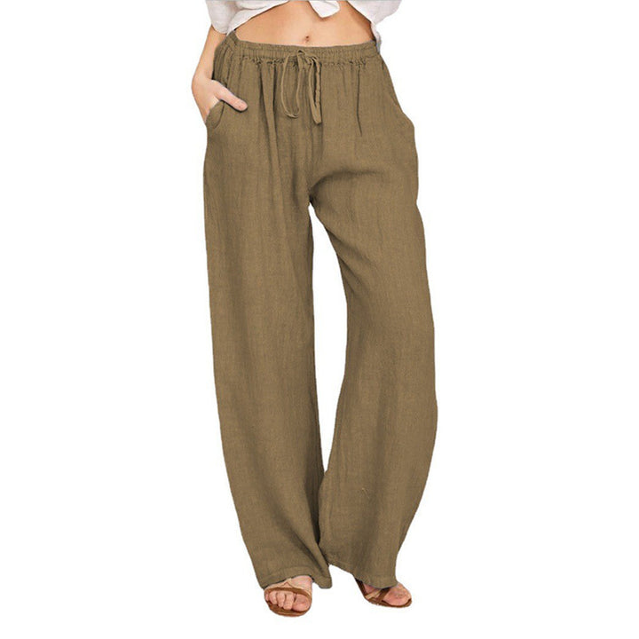 Women's Wide Linen Look Pants with Elastic Waistband, Drawstring and Side Pockets Mune Fashion