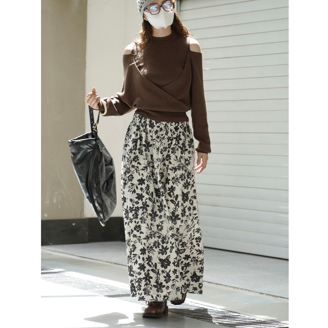 Women's Wide Midi Skirt with Gathered Waistband and Floral Pattern Mune Fashion