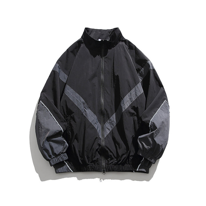 Men's Lightweight Oversize Windbreaker Jacket with Chevron Panels, Stand Collar and Elastic Hem Mune Fashion