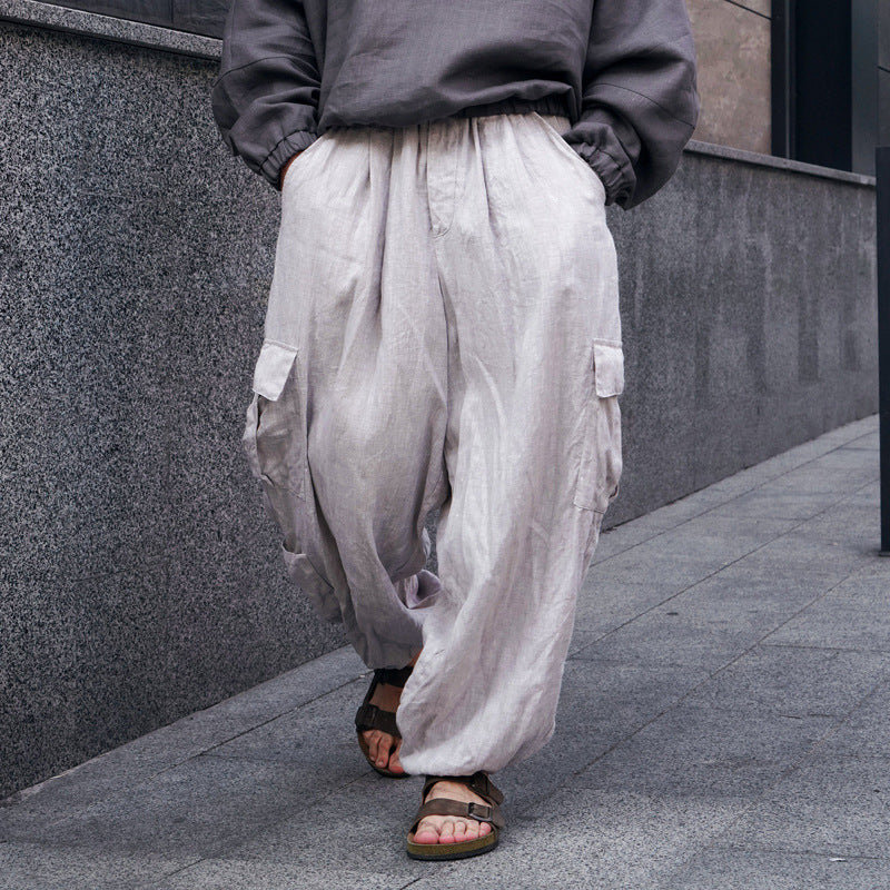 Men's Wide Linen Cargo Pants with Elastic Waistband, Pleats and Patch Side Pocket Mune Fashion