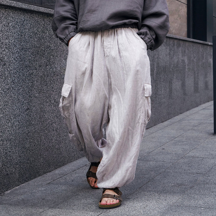 Men's Wide Linen Cargo Pants with Elastic Waistband, Pleats and Patch Side Pocket Mune Fashion