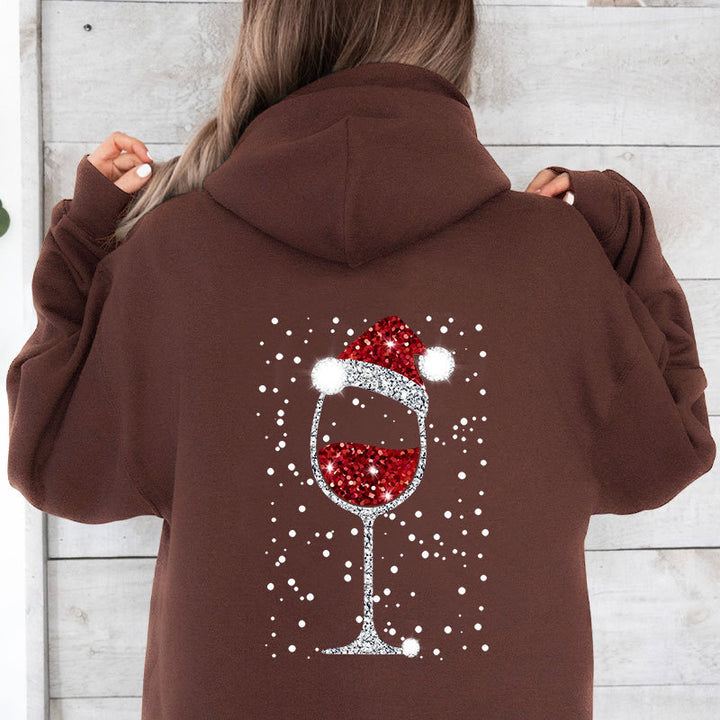 Women's Oversize Hoodie with Christmas Glitter Wine Glass Print Mune Fashion