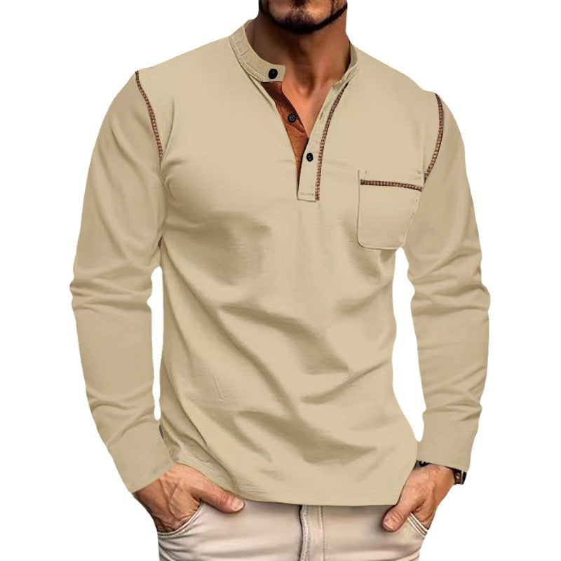 Men's Long Sleeve Henley Shirt with Stand Collar and Chest Pocket Mune Fashion
