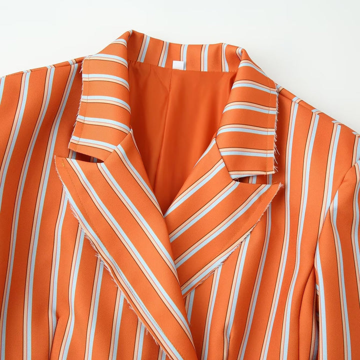 Women's double-breasted blazer with vertical stripe pattern and frayed lapel Mune Fashion