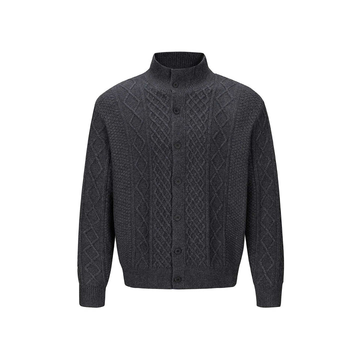 Men's knitted cardigan with cable pattern, standing collar and buttoned front Mune Fashion