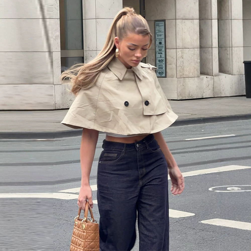 Women's Cropped Cape Trench with double-breasted buttons and shoulder flaps Mune Fashion