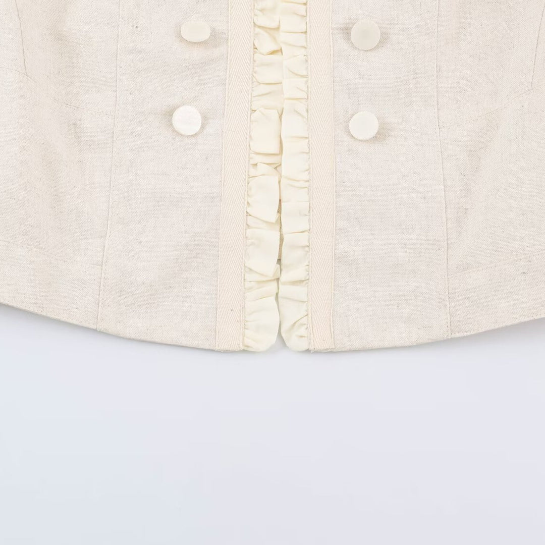 Women's Cropped Tailored Jacket with Stand-Up Collar Ruffle Trim and Decorative Buttons Mune Fashion