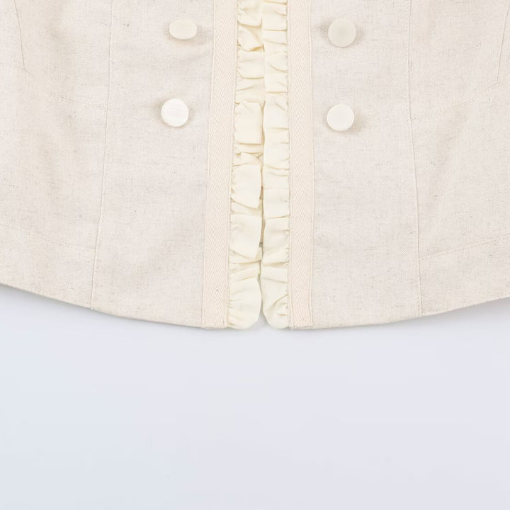 Women's Cropped Tailored Jacket with Stand-Up Collar Ruffle Trim and Decorative Buttons Mune Fashion