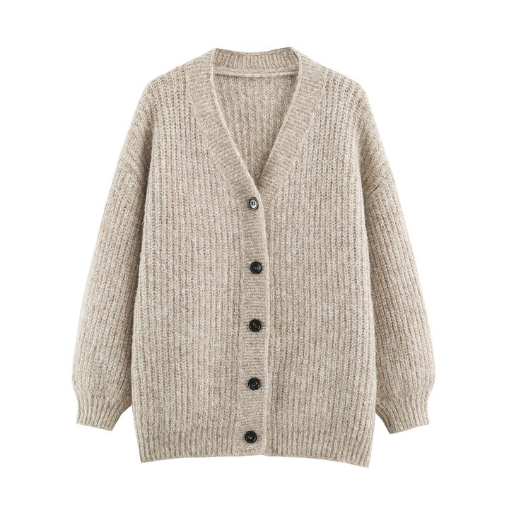 Women Oversized Chunky Knit Cardigan with Deep V-Neck, Ribbed Texture and Balloon Sleeves Mune Fashion