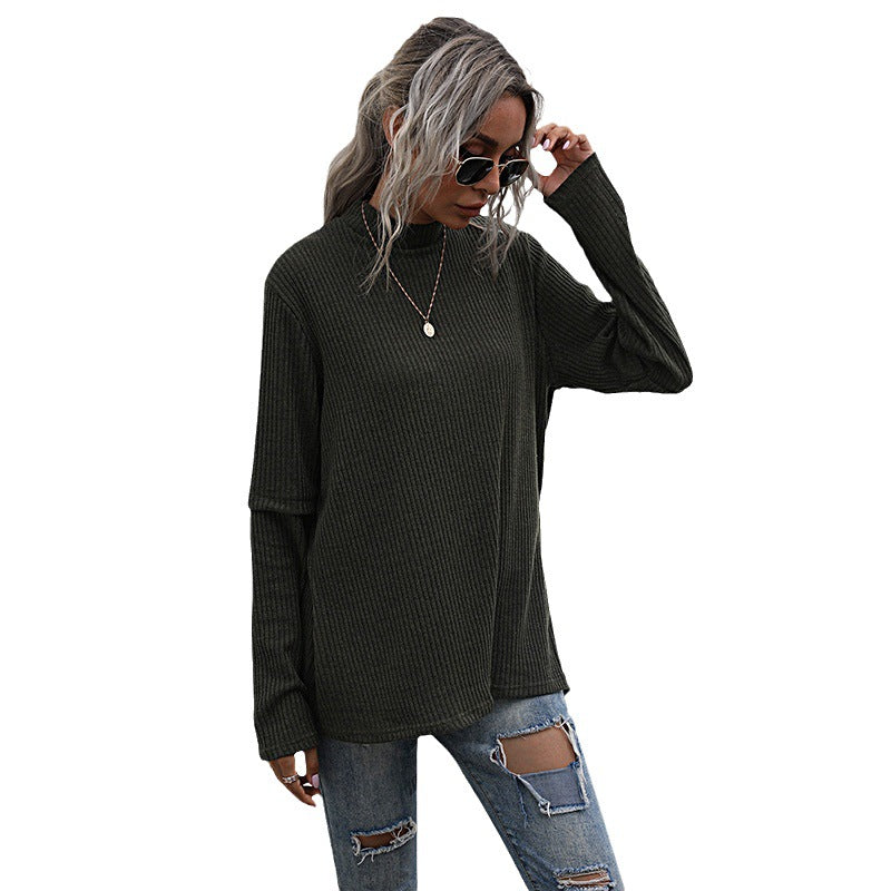 Women Oversize Waffle Knit Sweater with Stand-up Collar and Extended Sleeves Mune Fashion