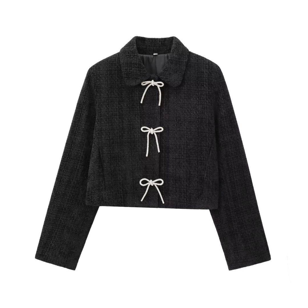 Women's Short Boucle Tweed Jacket with Peter Pan Collar and Decorative Bow Closures Mune Fashion