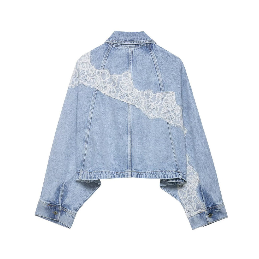 Women Short Cut Oversized Denim Jacket with Lace Detail and Batwing Sleeves Mune Fashion