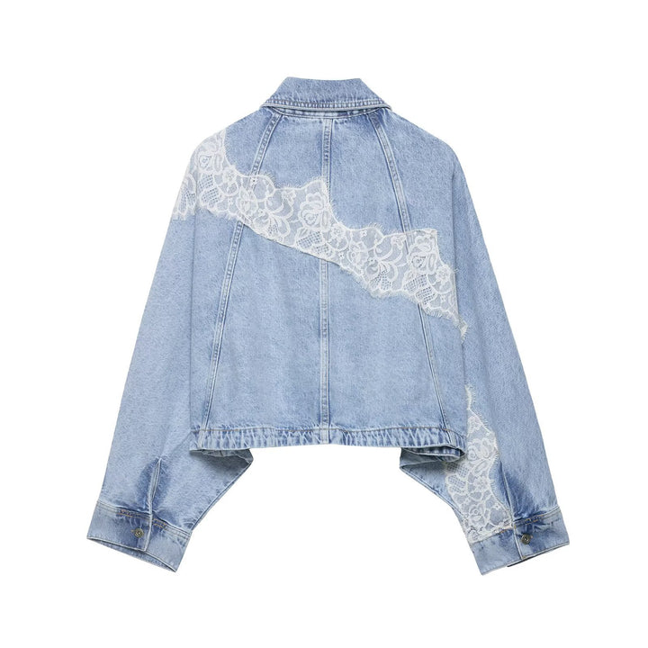 Women Short Cut Oversized Denim Jacket with Lace Detail and Batwing Sleeves Mune Fashion