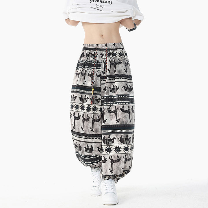 Women's Loose Boho Harem Pants made of Cotton Blend with Elastic Waistband and Ethno Print Mune Fashion