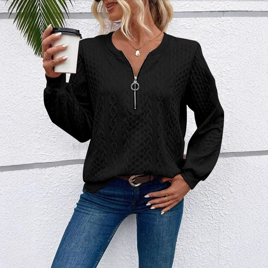 Women's coarsely structured knitted pullover with cable knit pattern, half zip and balloon sleeves Mune Fashion