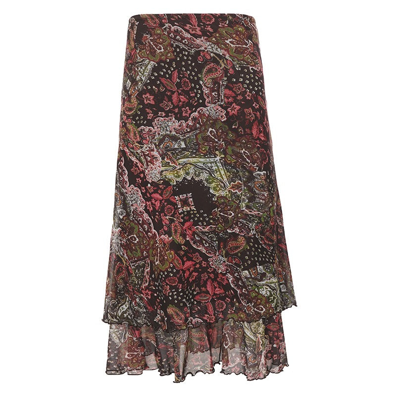 Women Chiffon Midi Skirt with Layered Ruffle, Paisley Print and Asymmetrical Hem Mune Fashion
