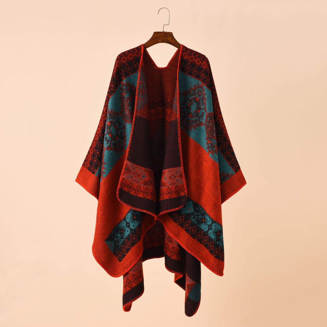 Women Jacquard Poncho Cape with Ethno Pattern and Wool Blend Mune Fashion