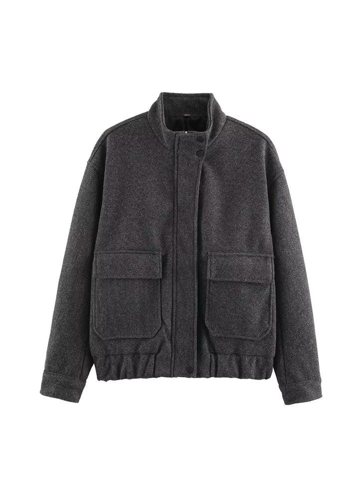 Ladies Boxy Wool Blend Blouson Jacket with Stand-Up Collar, Large Flap Pockets and Elastic Hem Mune Fashion