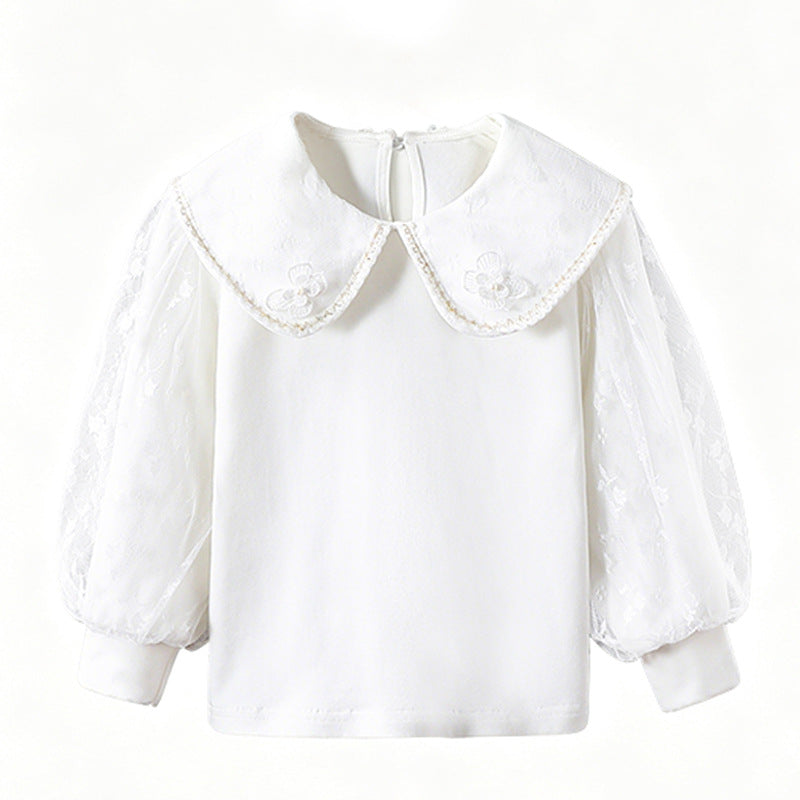 Girl's blouse with elegant tulle collar and floral appliqués Mune Fashion