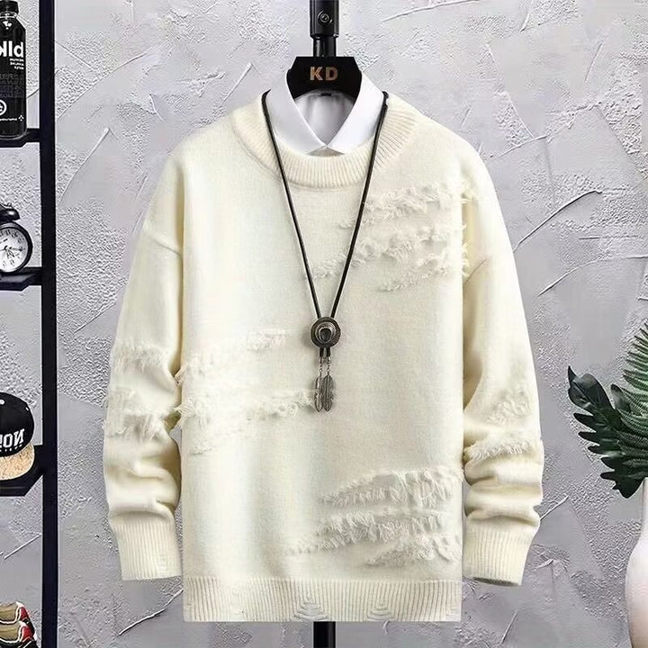 Men's Oversized Knit Sweater with Fringe - Used Details and Round Neck Mune Fashion