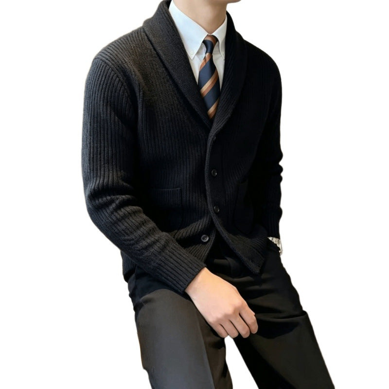 Men's shawl collar knitted cardigan with ribbed texture, button placket, and patch pockets Mune Fashion