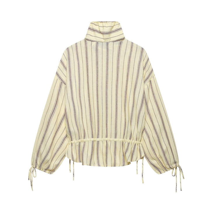 Women two-piece striped set of blouse with stand-up collar and wide palazzo pants Drune