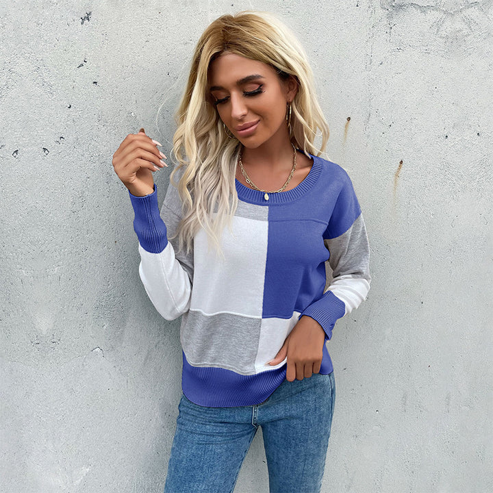 Women's patchwork knit sweater with contrasting panels, round neckline and ribbed hems Mune Fashion