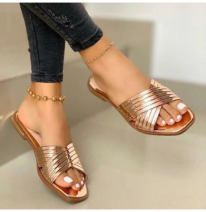 Women's Braided Metallic Slippers with Crossed Straps and Flat Comfort Sole Mune Fashion